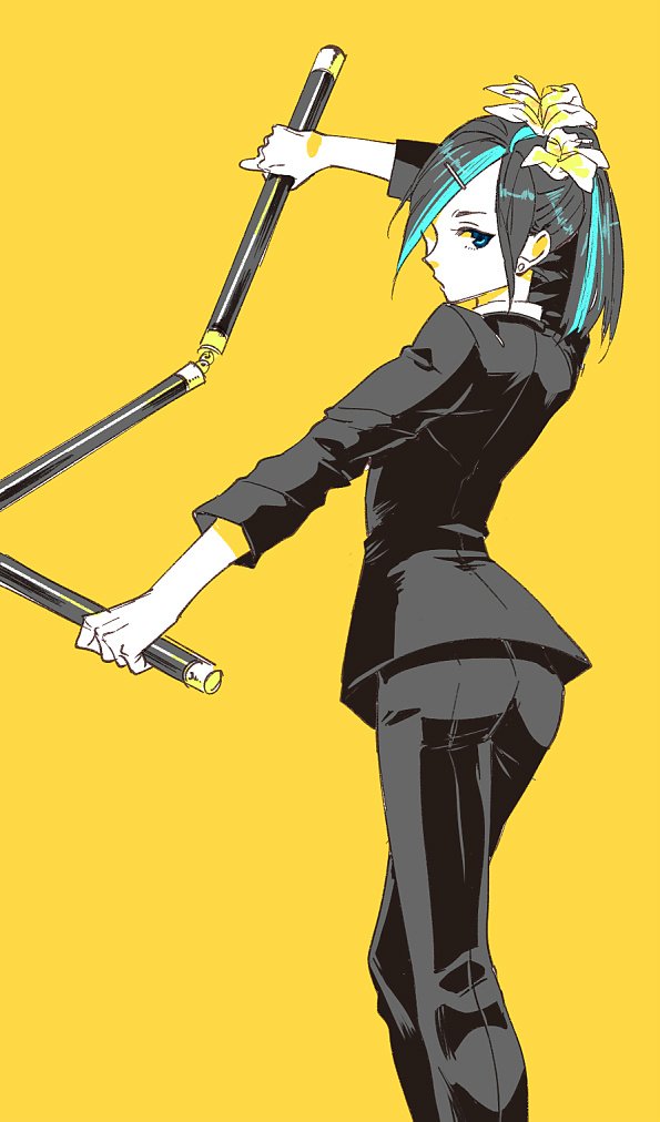 1girl aqua_eyes aqua_hair flower formal hair_flower hair_ornament hair_over_one_eye hairclip kokujin_youhei looking_at_viewer onepunch_man sansetsukon_no_lily simple_background solo suit three_section_staff yellow_background