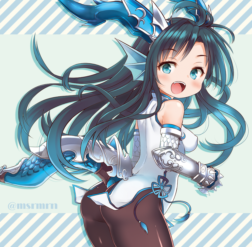 1girl animal_ears armor ass bare_shoulders bent_over black_legwear blue_eyes dragon_girl dragon_horns dragon_tail dress gauntlets head_fins horns karin_(p&amp;d) long_hair looking_at_viewer marshmallow_mille open_mouth pantyhose puzzle_&amp;_dragons short_dress smile solo tail very_long_hair white_dress