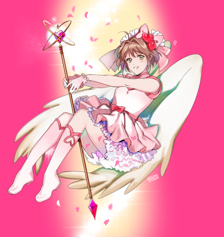 1girl artist_name between_legs blurry boots bow brown_hair bucket_(saharu26) cardcaptor_sakura dress floating gem gloves green_eyes hair_bow hair_ornament heart_hair_ornament kinomoto_sakura knee_boots magical_girl older outstretched_arms petals petticoat pink_background pink_bow pink_dress short_dress short_hair sleeveless smile solo staff wand white_boots white_wings wings