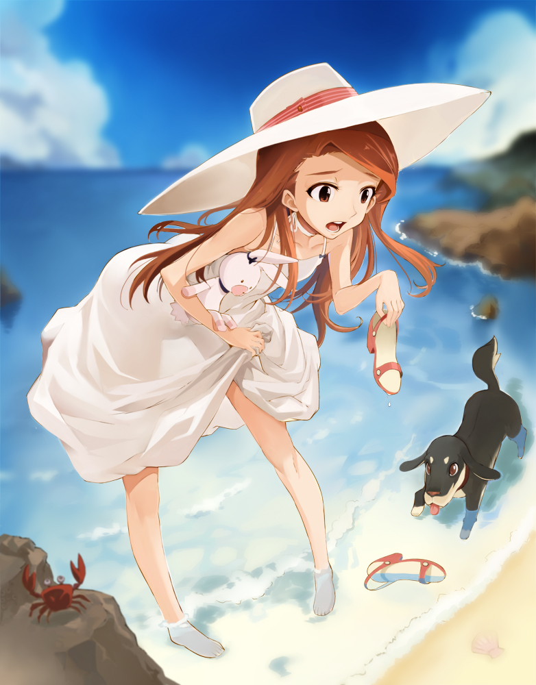 1girl bare_shoulders barefoot beach brown_eyes brown_hair crab dog dress feet_in_water hat idolmaster leaning_forward long_hair minase_iori miyo_(13th_floor) ocean sandals sandals_removed shoes_removed skirt_hold sky soaking_feet solo stuffed_animal stuffed_bunny stuffed_toy sundress water