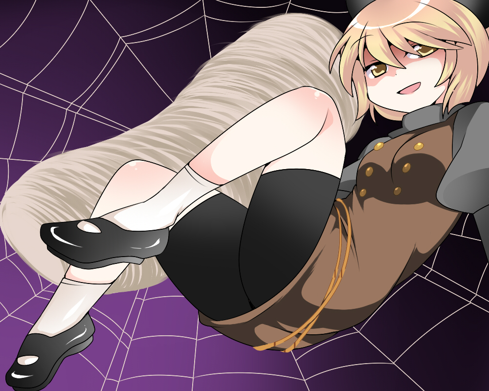 1girl bike_shorts blonde_hair brown_dress commentary_request dress hair_ribbon hammer_(sunset_beach) kurodani_yamame looking_at_viewer mary_janes open_mouth ponytail puffy_sleeves ribbon shoes silk smile solo spider_web touhou