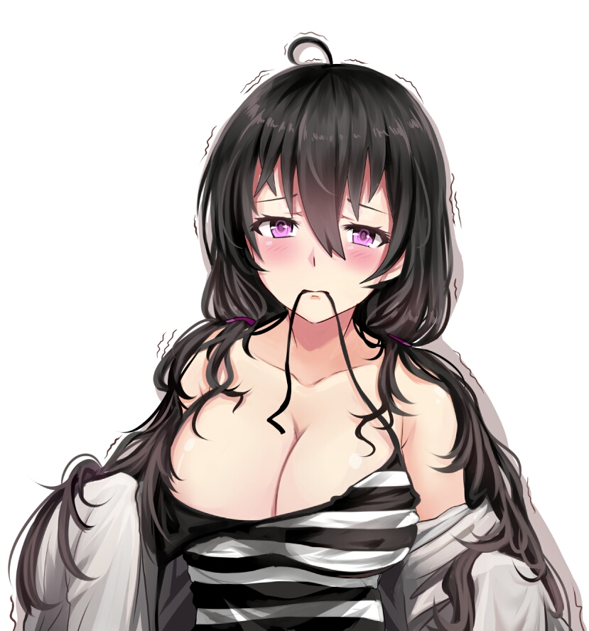 1girl ahoge bangs beifeng_han black_hair blush breasts cleavage closed_mouth collarbone hair_between_eyes hair_ornament large_breasts long_hair looking_at_viewer low_twintails miyaura_sanshio motion_lines mouth_hold off_shoulder original simple_background solo strap strap_pull strap_slip striped trembling twintails upper_body violet_eyes white_background