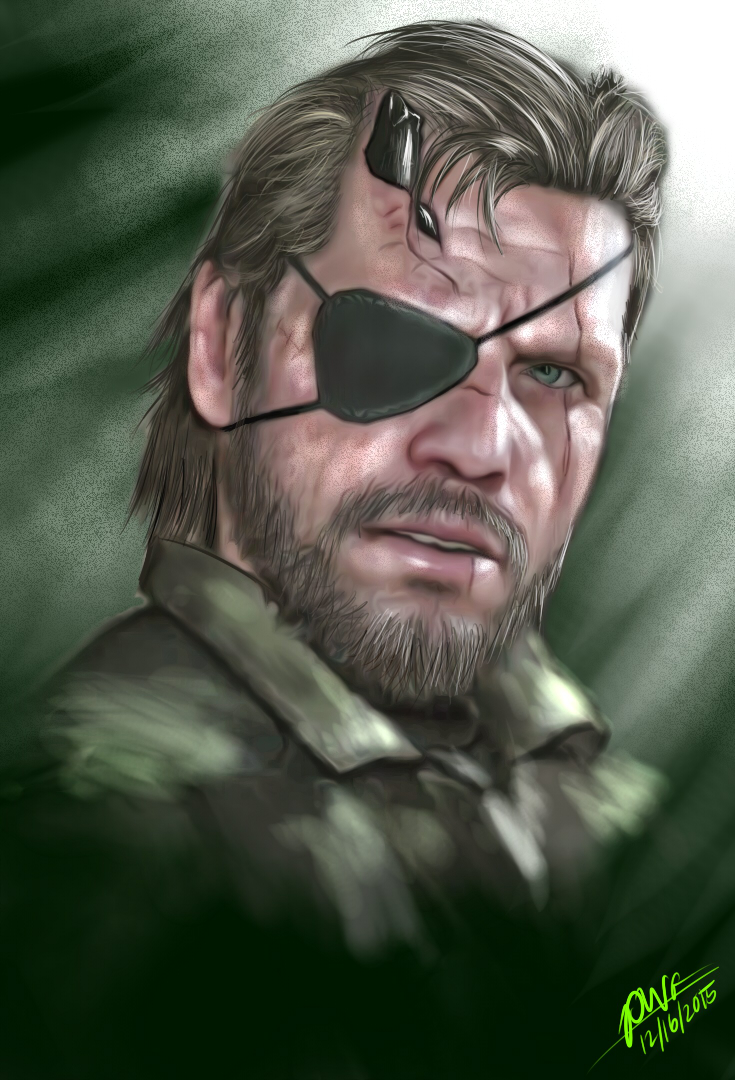 1boy 2015 beard brown_hair dated ears eyepatch facial_hair fatigues green_eyes lips looking_at_viewer manly metal_gear_(series) metal_gear_solid_v nose paul_william_m._cuison portrait realistic scar signature solo venom_snake