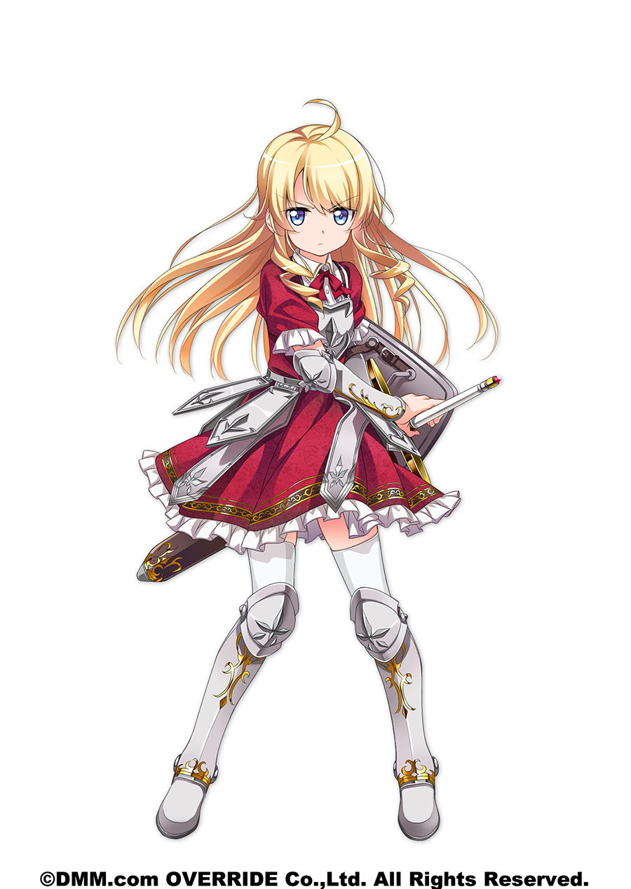 1girl ahoge armor armored_dress artist_request blonde_hair blue_eyes boots bow breastplate curly_hair fighting_stance frills highres kanpani_girls knee_boots long_hair metal_boots monique_waroquier official_art ready_to_draw red_bow red_skirt serious shield sidelocks skirt solo standing sword thigh-highs weapon white_background white_legwear
