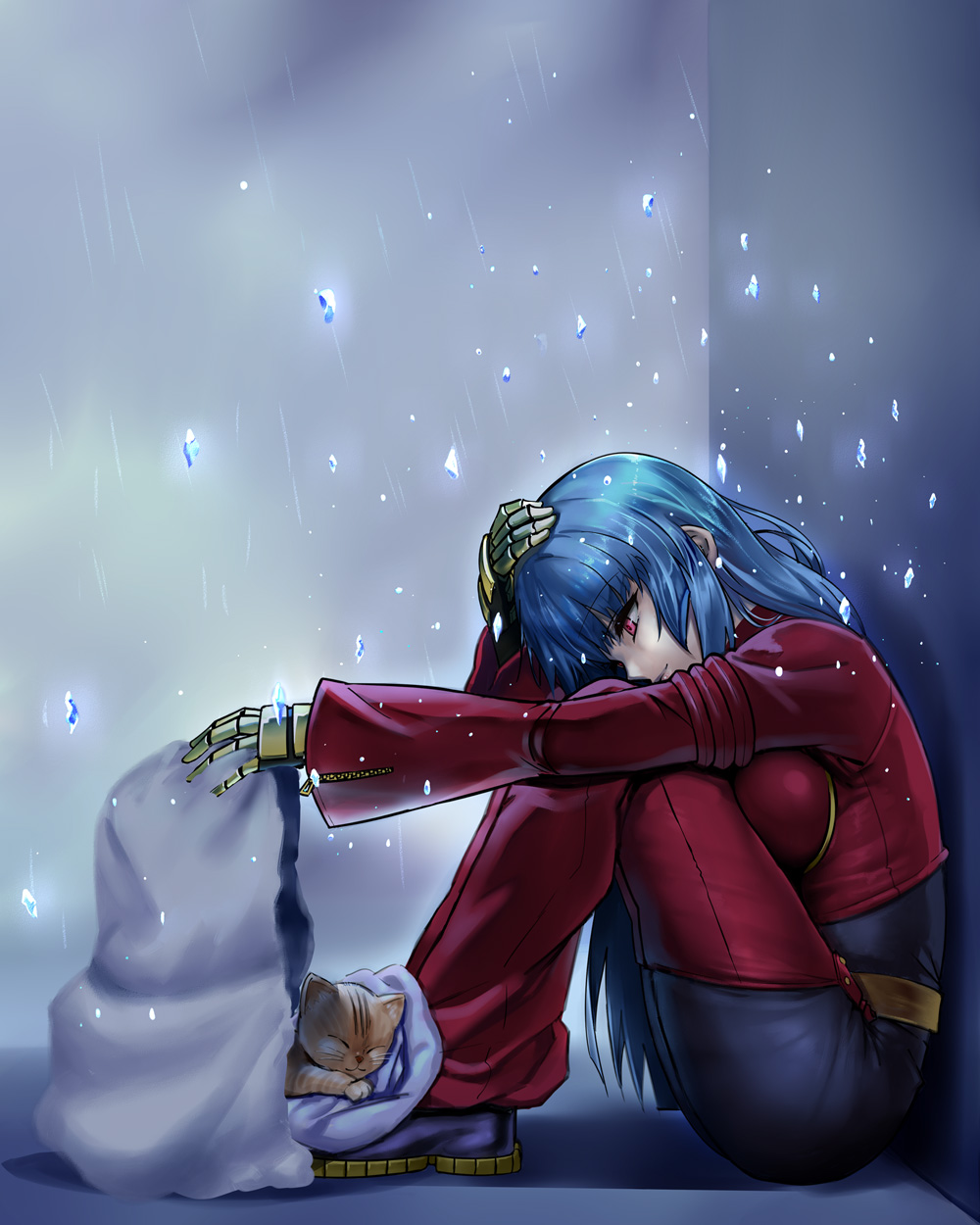 1girl bangs belt blue_hair cat chaps closed_mouth cropped_jacket eyebrows eyebrows_visible_through_hair from_side full_body gauntlets gloves hail hand_on_own_head highres holding hood ice kula_diamond long_hair long_sleeves nyamota_(noraneko_koubou) pale_skin rain red_eyes shoes sleeping smile the_king_of_fighters zipper