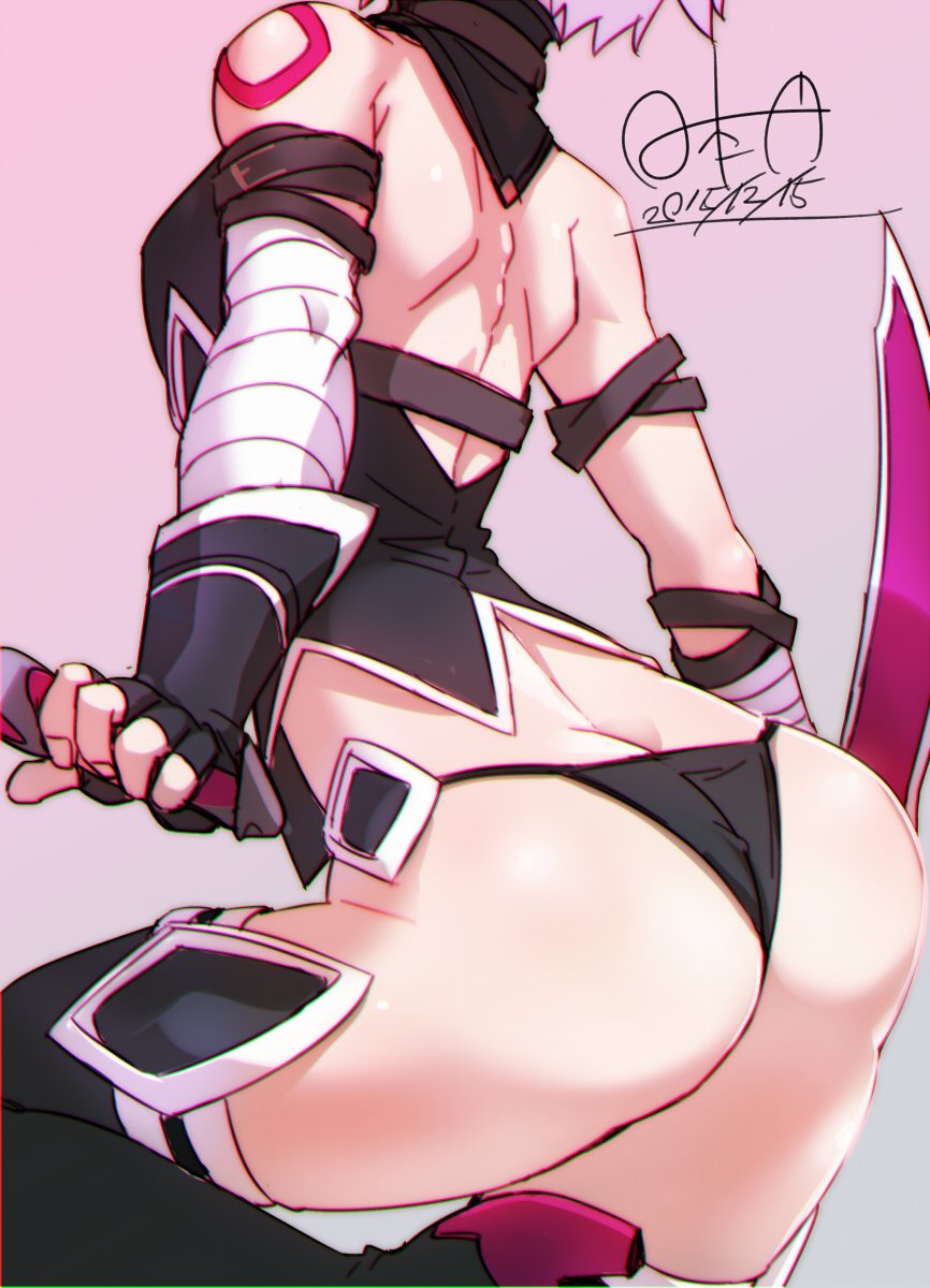 1girl arched_back ass assassin_of_black bandages black_gloves black_panties dual_wielding elbow_gloves fate/apocrypha fate_(series) fingerless_gloves gloves highres hinomoto_madoka holding_weapon knife panties purple_hair scar seamed_legwear simple_background solo thong underwear weapon