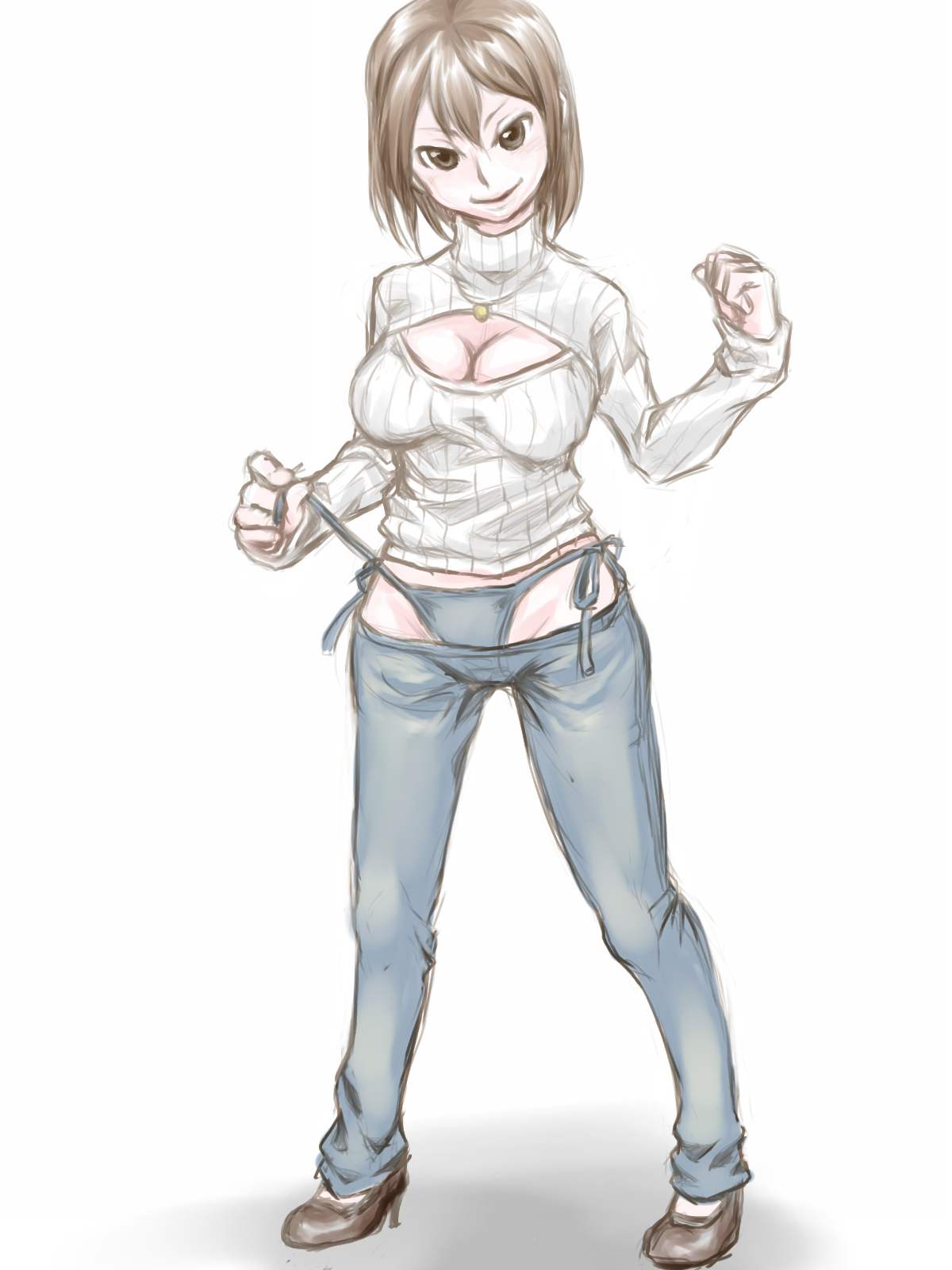 1girl bikini_jeans breasts brown_eyes brown_hair cleavage cleavage_cutout clenched_hand denim fuku_(mahoeshi) full_body high_heels highres jeans jewelry lowleg lowleg_pants necklace open-chest_sweater original pants pendant ribbed_sweater short_hair sketch smile solo sweater turtleneck untying white_background