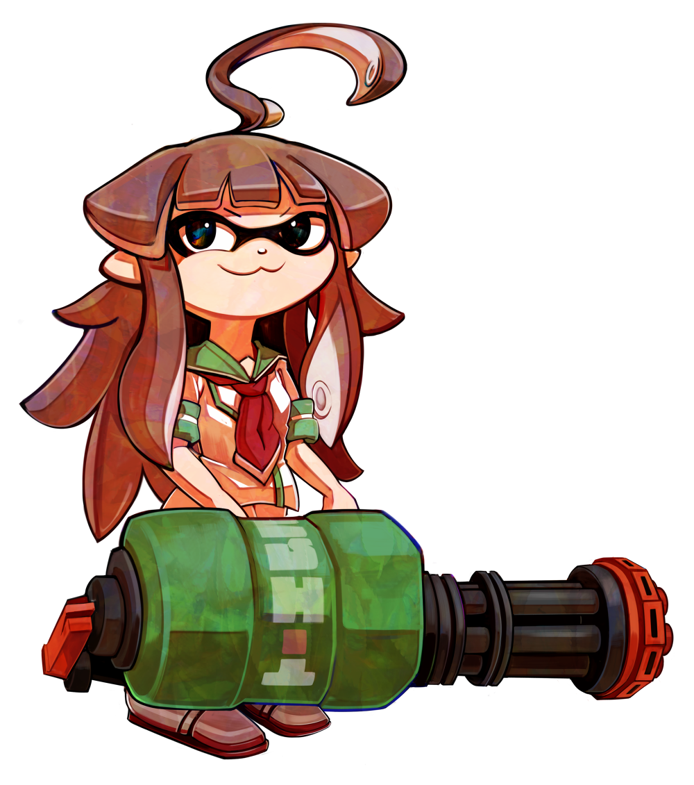 1girl gun inkling kantai_collection long_hair mecha_musume military military_uniform personification pointy_ears ryuuto_(ryutopia) school_uniform serafuku shoes short_hair smile solo splatoon squid super_soaker tagme tentacle_hair uniform weapon world_war_ii