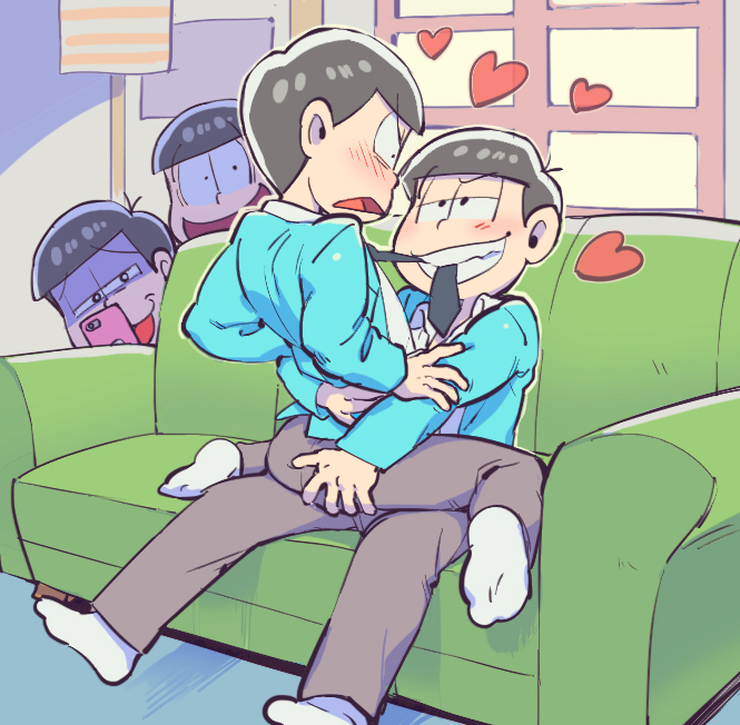 4boys ass ass_grab black_hair blue_suit blush bowl_cut brothers cellphone choromatsu constricted_pupils couch formal half-closed_eyes heart hono1212 incest jyushimatsu loose_necktie male_focus mouth_hold multiple_boys necktie osomatsu-kun osomatsu-san osomatsu_(osomatsu-kun) phone recording siblings sitting sitting_on_person smartphone smile straddling suit todomatsu triangle_mouth wariza window yaoi