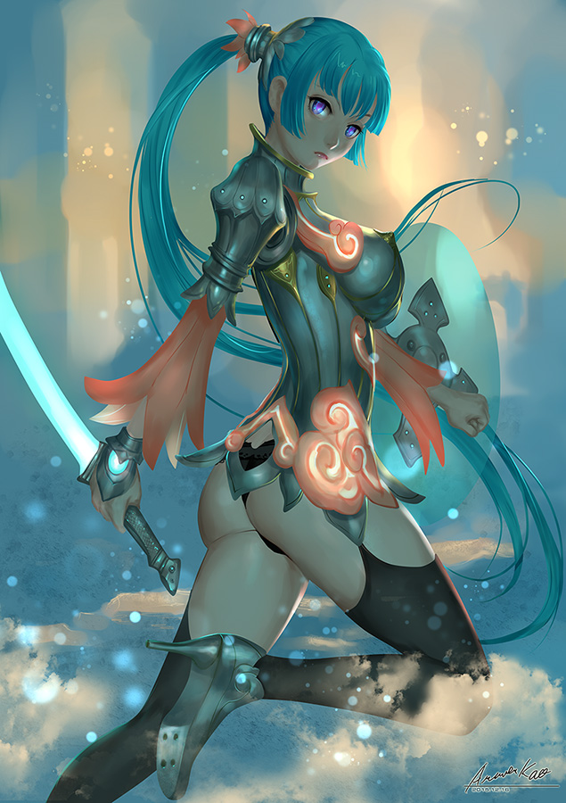 1girl 2015 ariverkao armor ass bangs black_legwear black_panties blue_eyes blue_hair breasts clenched_hand closed_mouth dated from_side frown glowing glowing_sword glowing_weapon hair_ornament high_heels holding_sword holding_weapon long_hair long_sleeves looking_at_viewer original panties ponytail red_lips shield signature solo sword underwear very_long_hair violet_eyes walking weapon