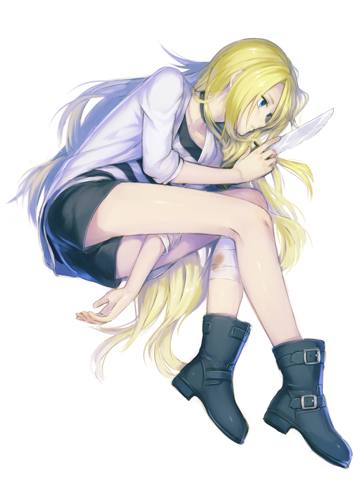 1girl artist_request bandages blonde_hair blood blue_eyes boots choker long_hair lying on_side ray_(satsuriku_no_tenshi) satsuriku_no_tenshi shorts solo striped