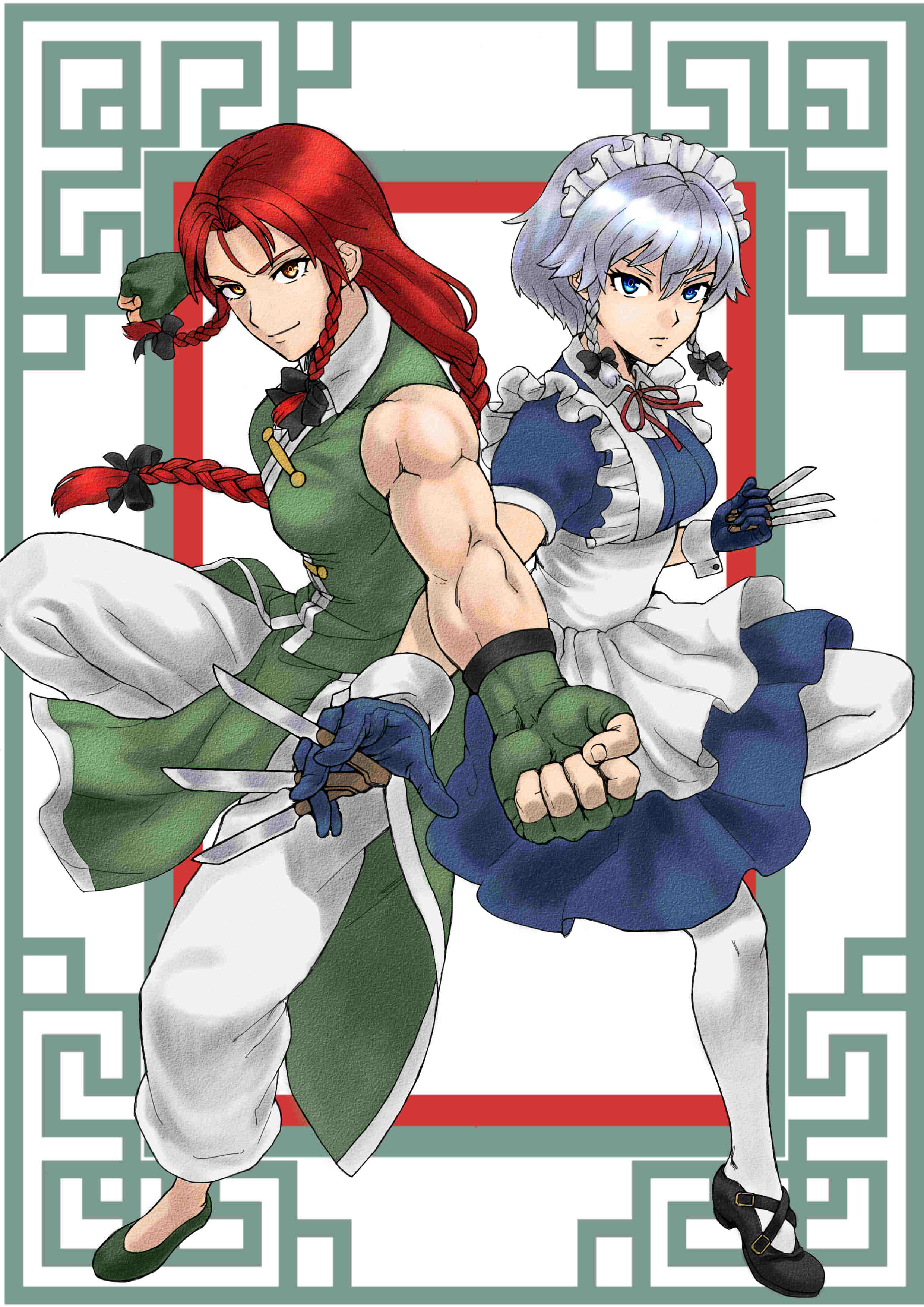 2girls absurdres adapted_costume androgynous apron back-to-back black_shoes blue_dress blue_eyes blue_gloves border bow braid breasts chinese_clothes clenched_hands dress fingerless_gloves gloves green_gloves green_shoes green_skirt hair_bow hand_up highres hong_meiling izayoi_sakuya knives_between_fingers long_skirt maid maid_apron maid_headdress mishi multiple_braids multiple_girls muscle muscular_female pants pantyhose pelvic_curtain ponytail redhead ribbon serious shiny shiny_hair shoes short_dress short_hair short_sleeves silver_hair skirt smile stance tangzhuang touhou twin_braids white_legwear white_pants wrist_cuffs yellow_eyes