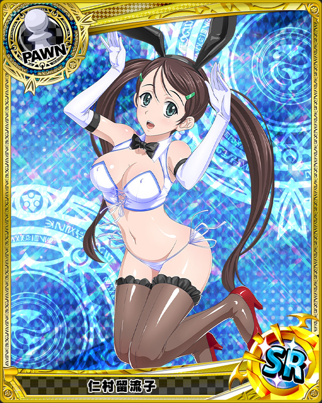 1girl animal_ears artist_request blue_background blue_eyes bowtie breasts brown_hair card_(medium) character_name chess_piece covered_nipples elbow_gloves gloves hair_ornament hairclip high_school_dxd nimura_ruruko official_art pawn rabbit_ears solo swimsuit trading_card twintails