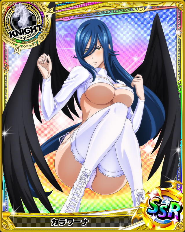 1girl artist_request black_wings blue_hair breasts card_(medium) character_name chess_piece covered_nipples high_school_dxd kalawarner knight_(chess) large_breasts long_hair official_art swimsuit thigh-highs trading_card very_long_hair white_legwear white_swimsuit wings yellow_eyes