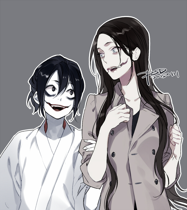 1boy 1girl 2ch aqua_eyes artist_name bangs black_eyes black_hair collarbone couple creepypasta dated holding_arm japanese_clothes jeff_the_killer kuchisake-onna looking_at_another open_mouth original pale_skin psd sidelocks