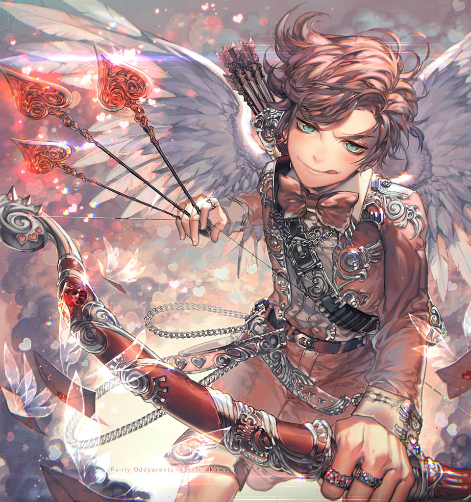 1boy :q aqua_eyes arrow artist_name bandolier bangs belt between_fingers bow_(weapon) buckle chain college_shirt copyright_name cosmo dress_shirt envelope feathered_wings flying_paper heart holding_weapon jacket jewelry kawacy lens_flare letter long_sleeves looking_at_viewer love_letter male_focus paper quiver red_bowtie red_jacket red_shorts redhead ring shirt solo swept_bangs the_fairly_oddparents tongue tongue_out transparent_wings weapon white_shirt white_wings wings