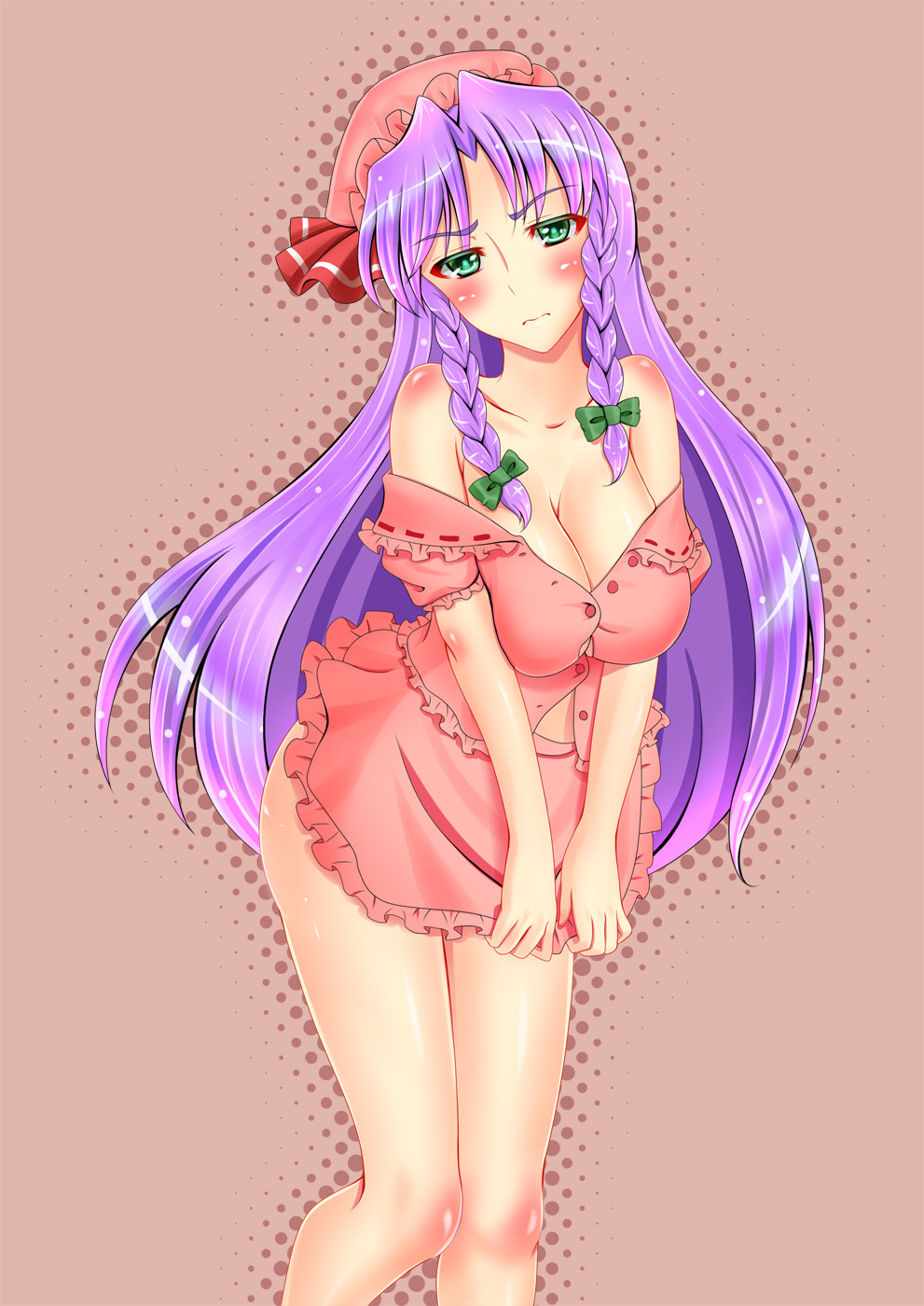 1girl ass blush bow braid breasts cleavage eburi_a embarrassed frilled_skirt frills green_eyes hair_bow hanging_breasts hat hat_bow head_tilt highres hong_meiling knees_together_feet_apart long_hair looking_at_viewer mob_cap pink_shirt pink_skirt purple_hair reflective_eyes remilia_scarlet remilia_scarlet_(cosplay) ribbon-trimmed_collar ribbon_trim shiny shiny_hair shiny_skin shirt short_sleeves skirt skirt_tug solo thighs touhou twin_braids unbuttoned unbuttoned_shirt undersized_clothes very_long_hair wavy_mouth