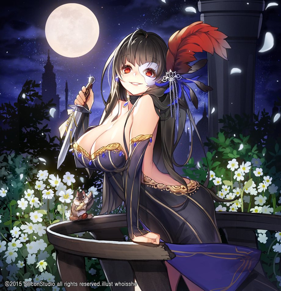 1girl 2015 arched_back arm_support artist_name balcony bangs bare_shoulders beads black_hair breasts broken castle choker cleavage clouds company_name detached_sleeves dress earrings eyebrows eyebrows_visible_through_hair feathers full_moon gyakushuu_no_fantasica hair_feathers jewelry large_breasts leaning_forward long_hair looking_at_viewer mask moon night night_sky nut_(food) outdoors railing red_eyes short_sword sky smile solo squirrel star_(sky) strapless_dress sword weapon white_flower whoisshe