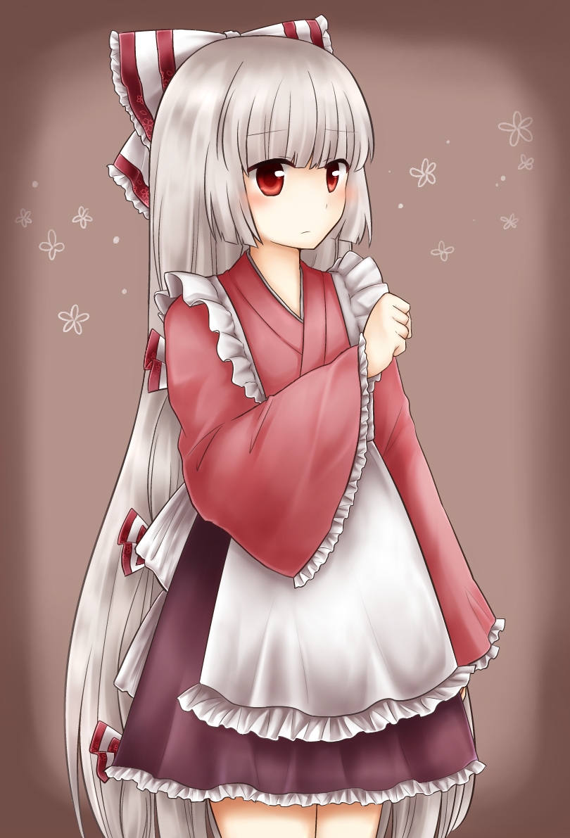 1girl alternate_costume apron blush brown_background clenched_hand enmaided flower frilled_skirt frills frown fujiwara_no_mokou hair_ribbon koto_(shiberia39) long_hair long_sleeves looking_at_viewer maid raised_hand red_eyes ribbon silver_hair simple_background skirt solo touhou very_long_hair waist_apron