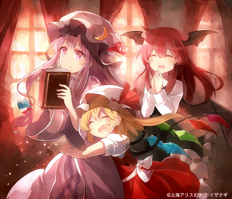 3girls 60mai blonde_hair book closed_eyes coat crescent curtains demon_girl demon_wings dress flandre_scarlet hair_ribbon hat head_wings hug hug_from_behind koakuma long_hair long_sleeves mob_cap multiple_girls open_clothes open_coat open_mouth patchouli_knowledge puffy_short_sleeves puffy_sleeves purple_dress red_dress redhead ribbon short_sleeves smile striped striped_dress touhou tress_ribbon very_long_hair violet_eyes wide_sleeves window wings