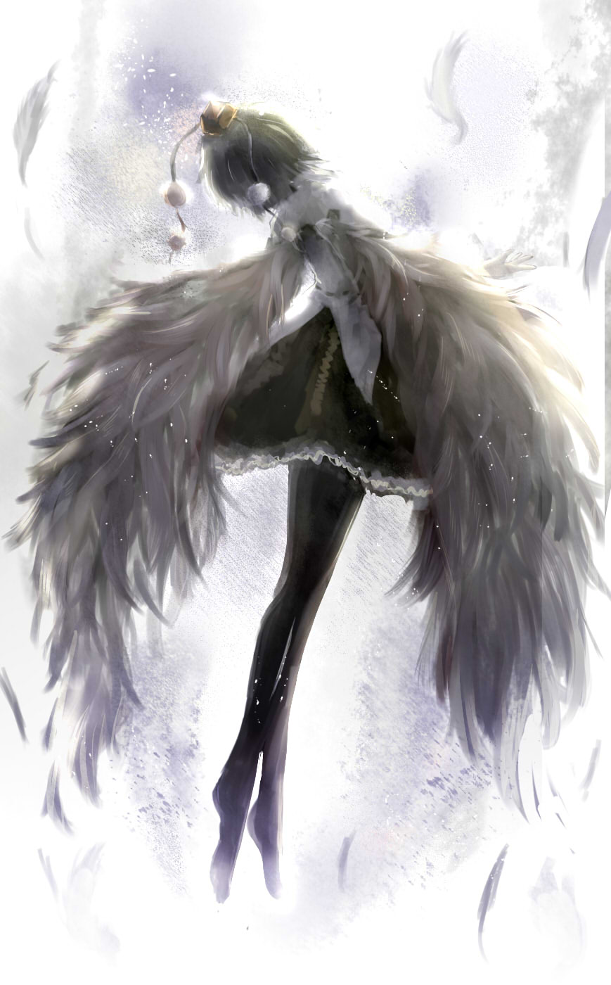 1girl black_hair black_legwear black_skirt feathered_wings feathers feet flying frilled_legwear from_behind gradient_wings grey_wings hat highres large_wings light light_particles multicolored_wings no_shoes open_hand outstretched_arms shameimaru_aya shirt short_hair skirt solo thigh-highs tokin_hat touhou watchi white_shirt white_wings wings