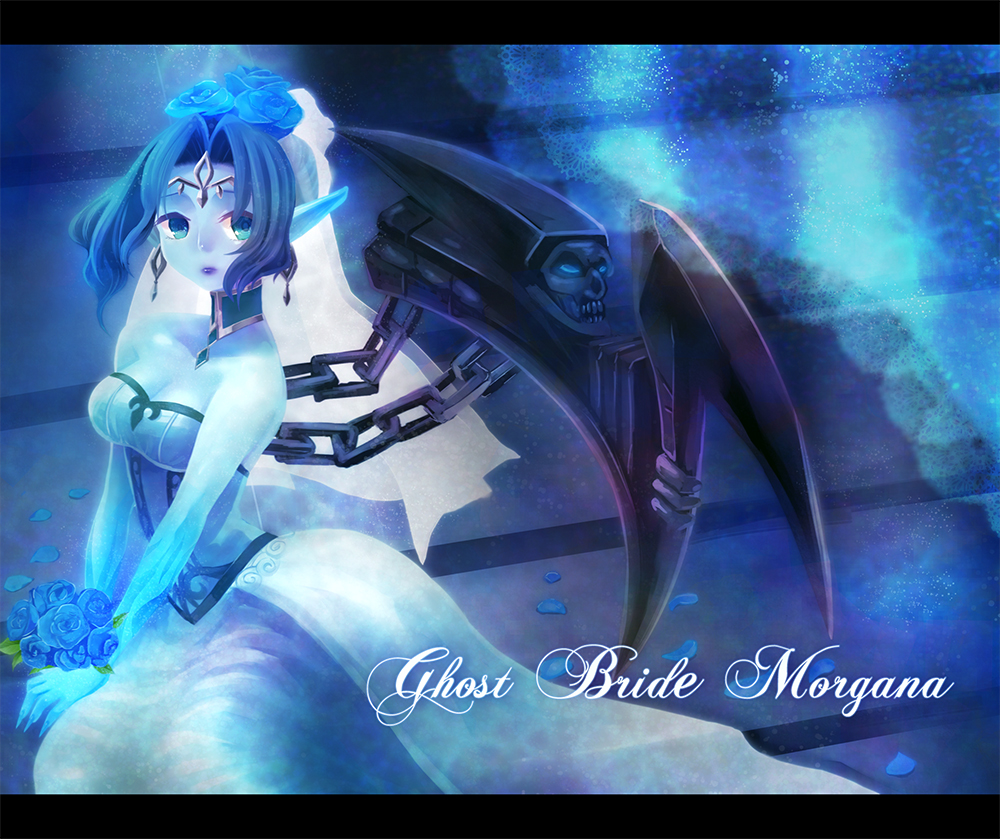 1girl blue_eyes blue_flower blue_hair breasts chain character_name choker cleavage dress ghost_bride_morgana league_of_legends long_hair mizoreame morgana pointy_ears solo wedding_dress wings