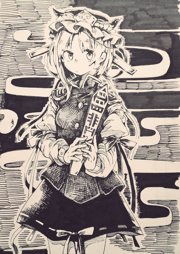 1girl graphite_(medium) hat monochrome ribbon rod_of_remorse shiki_eiki short_hair skirt solo touhou traditional_media wadante