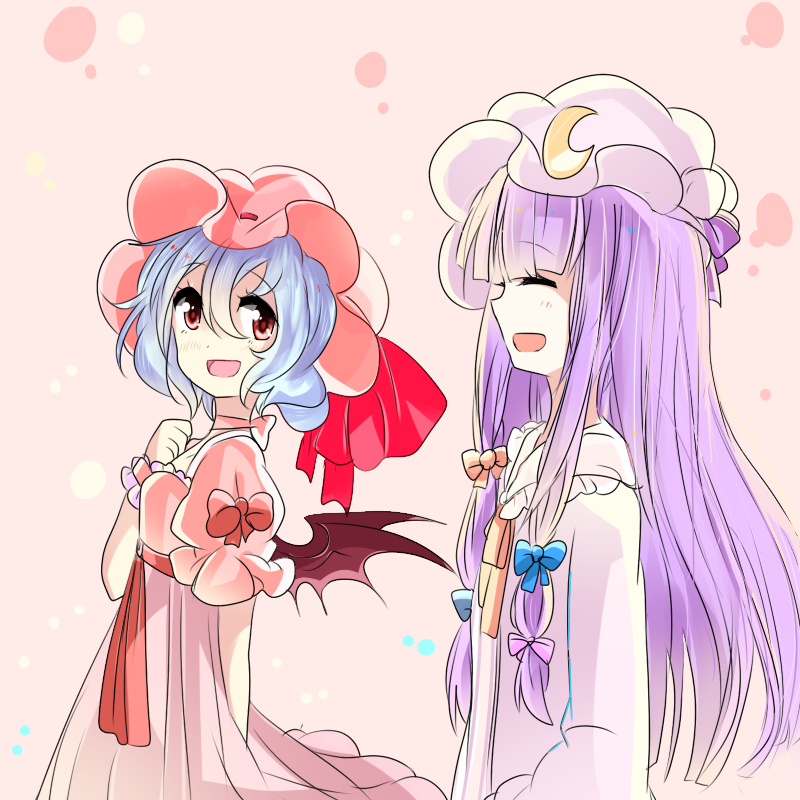 2girls alternate_costume bat_wings capelet closed_eyes crescent double_bun from_side hair_between_eyes hat lavender_hair long_hair looking_at_another mob_cap multiple_girls open_mouth pajamas patchouli_knowledge puffy_short_sleeves puffy_sleeves red_eyes remilia_scarlet seiu_(aoame) short_hair short_sleeves touhou violet_eyes wings