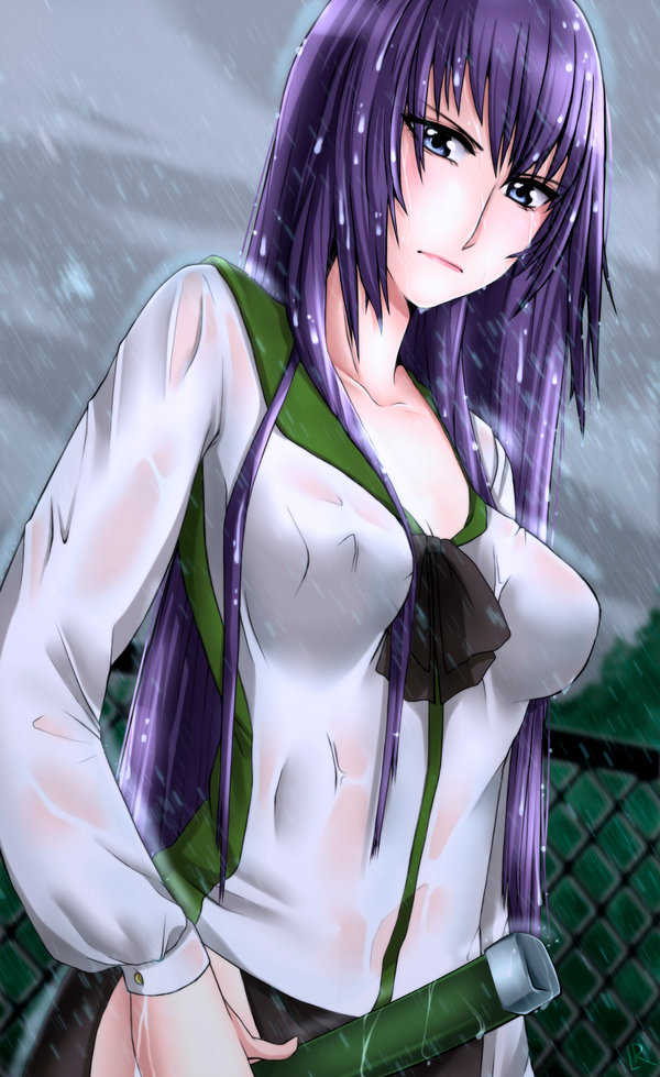 1girl blue_eyes busujima_saeko highschool_of_the_dead long_hair purple_hair rain school_uniform serafuku solo wet wet_clothes