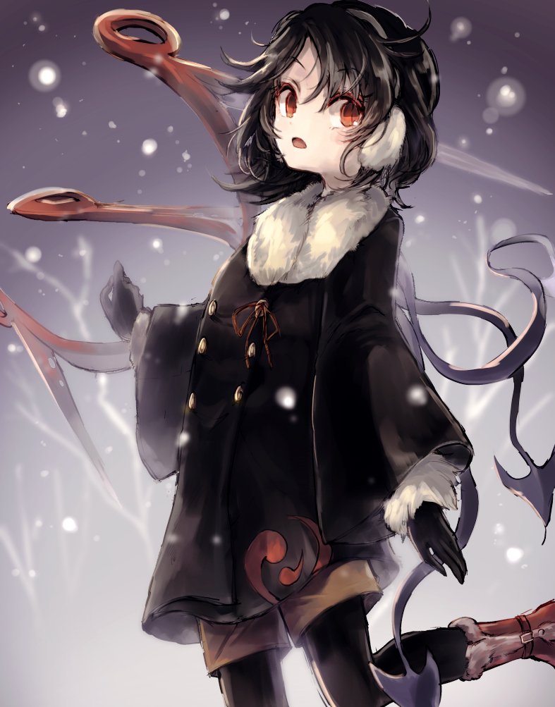 1girl adapted_costume alternate_costume asymmetrical_wings black_gloves black_hair black_legwear boots coat earmuffs gloves gradient gradient_background hisona_(suaritesumi) houjuu_nue long_sleeves looking_at_viewer open_mouth pantyhose red_eyes short_hair shorts snowing solo touhou wide_sleeves wings winter_clothes