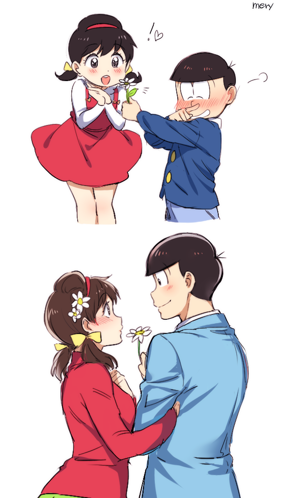 ! 1boy 1girl ^_^ age_progression artist_name bangs black_hair blunt_bangs blush bow brown_hair closed_eyes closed_mouth comic dress eye_contact flower full-face_blush gift hair_bow hair_flower hair_ornament hairband heart height_difference hetero holding holding_flower jacket locked_arms long_sleeves looking_at_another mery_(apfl0515) osomatsu-kun osomatsu-san osomatsu_(osomatsu-kun) outstretched_arm red_dress red_shirt shirt short_twintails simple_background smile standing turtleneck twintails white_background white_shirt yellow_bow younger yowai_totoko