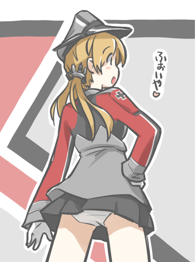 1girl blush_stickers cowboy_shot from_behind gloves hand_on_hip hat iron_cross kantai_collection open_mouth panties pantyshot pantyshot_(standing) peaked_cap prinz_eugen_(kantai_collection) standing tewarusa underwear white_panties