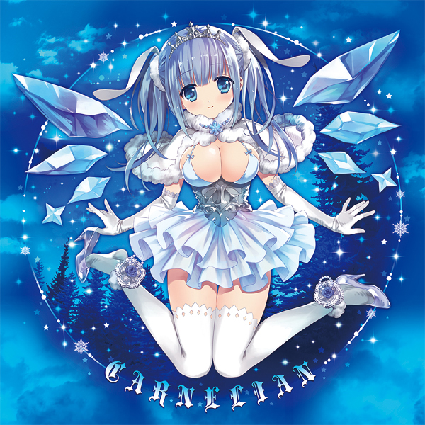 1girl blue_eyes blue_hair breasts capelet carnelian cleavage dress elbow_gloves gloves hair_ornament ice ice_wings large_breasts looking_at_viewer original shoes_removed smile solo tiara white_legwear wings