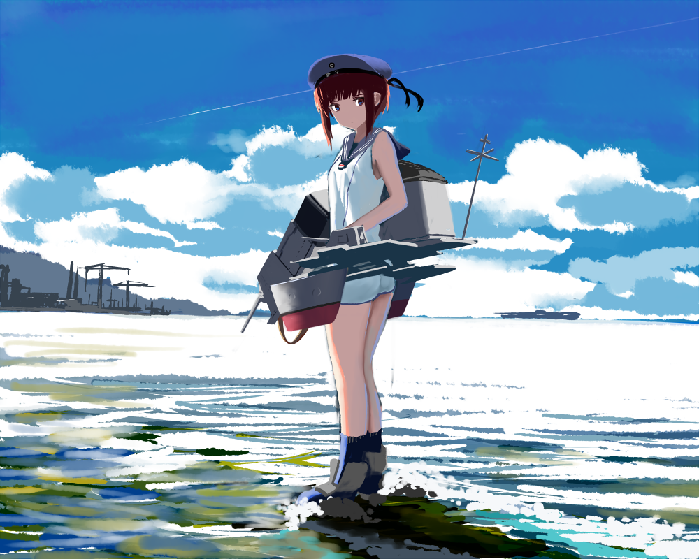 1girl bangs blue_eyes blue_legwear brown_hair cannon clouds condensation_trail crane fujibejifu hat kantai_collection kneehighs legs_together looking_at_viewer machinery mountain ocean outdoors sailor_collar sailor_hat ship short_hair sky sleeveless solo standing wading waves z3_max_schultz_(kantai_collection)