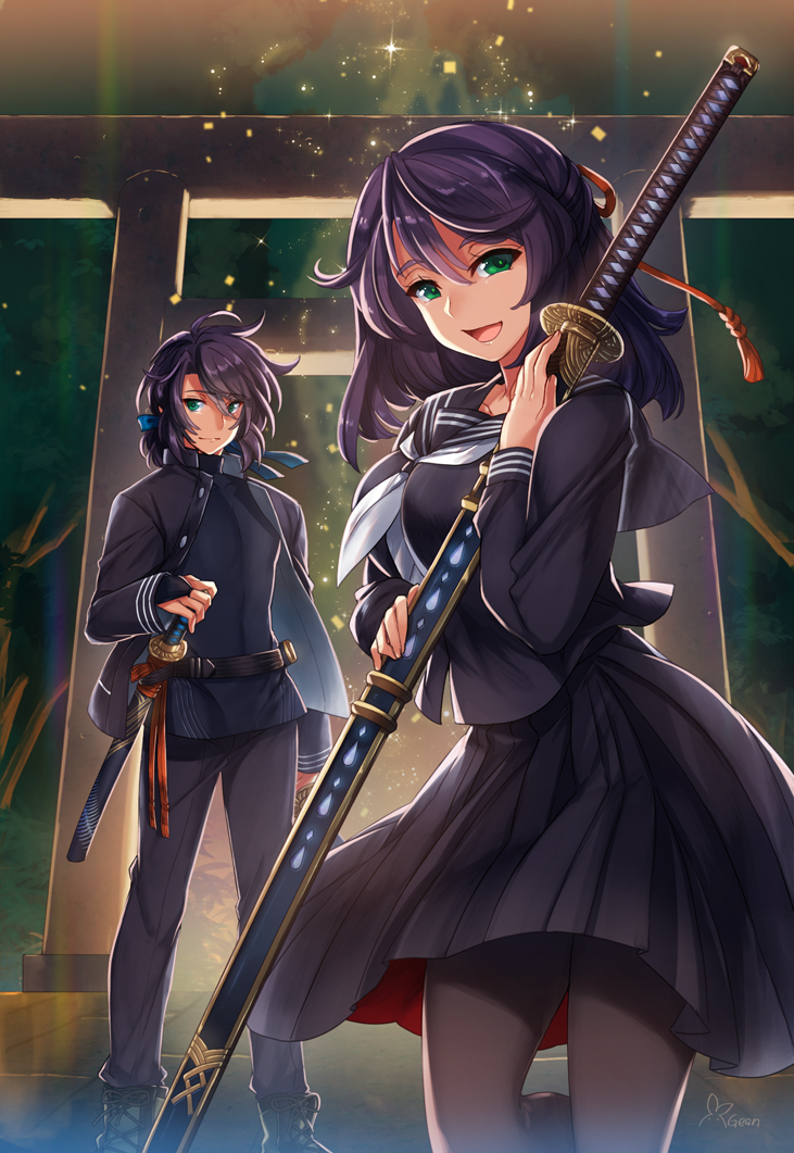 green_eyes hazuki_gean original purple_hair school_uniform sword touran-sai weapon