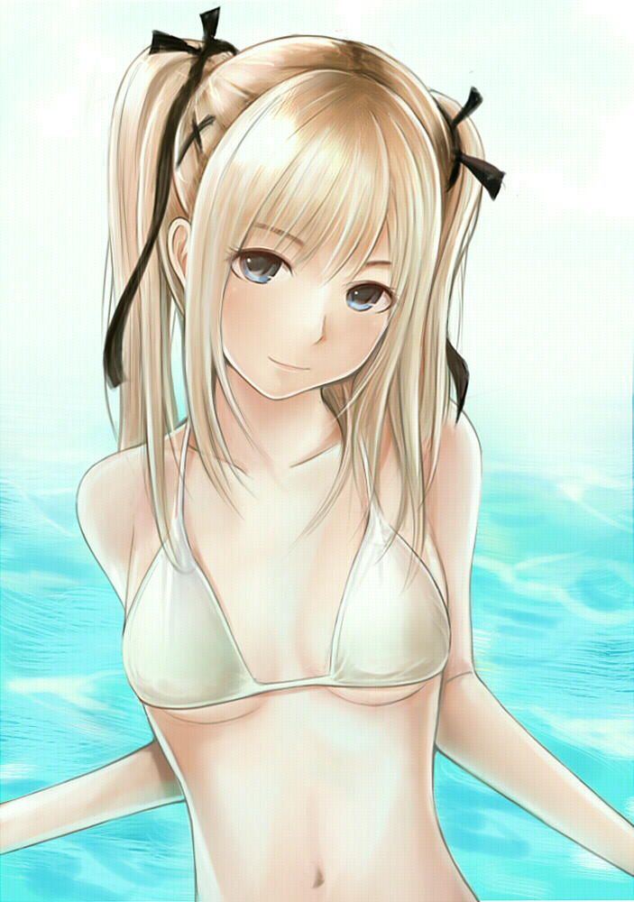 1girl bangs bikini black_ribbon blonde_hair blue_eyes breasts closed_mouth collarbone dead_or_alive dead_or_alive_5 hair_ribbon head_tilt long_hair looking_at_viewer marie_rose nannacy7 navel ribbon small_breasts smile solo swimsuit twintails under_boob water white_bikini white_swimsuit x_hair_ornament
