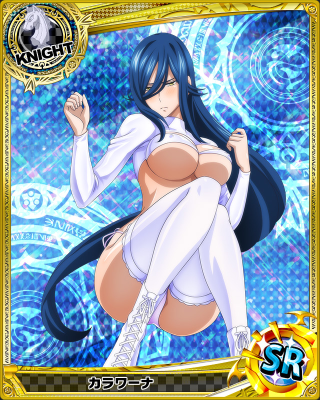 1girl artist_request blue_background blue_hair breasts card_(medium) character_name chess_piece covered_nipples high_school_dxd kalawarner knight_(chess) large_breasts long_hair official_art swimsuit thigh-highs trading_card very_long_hair white_legwear white_swimsuit yellow_eyes
