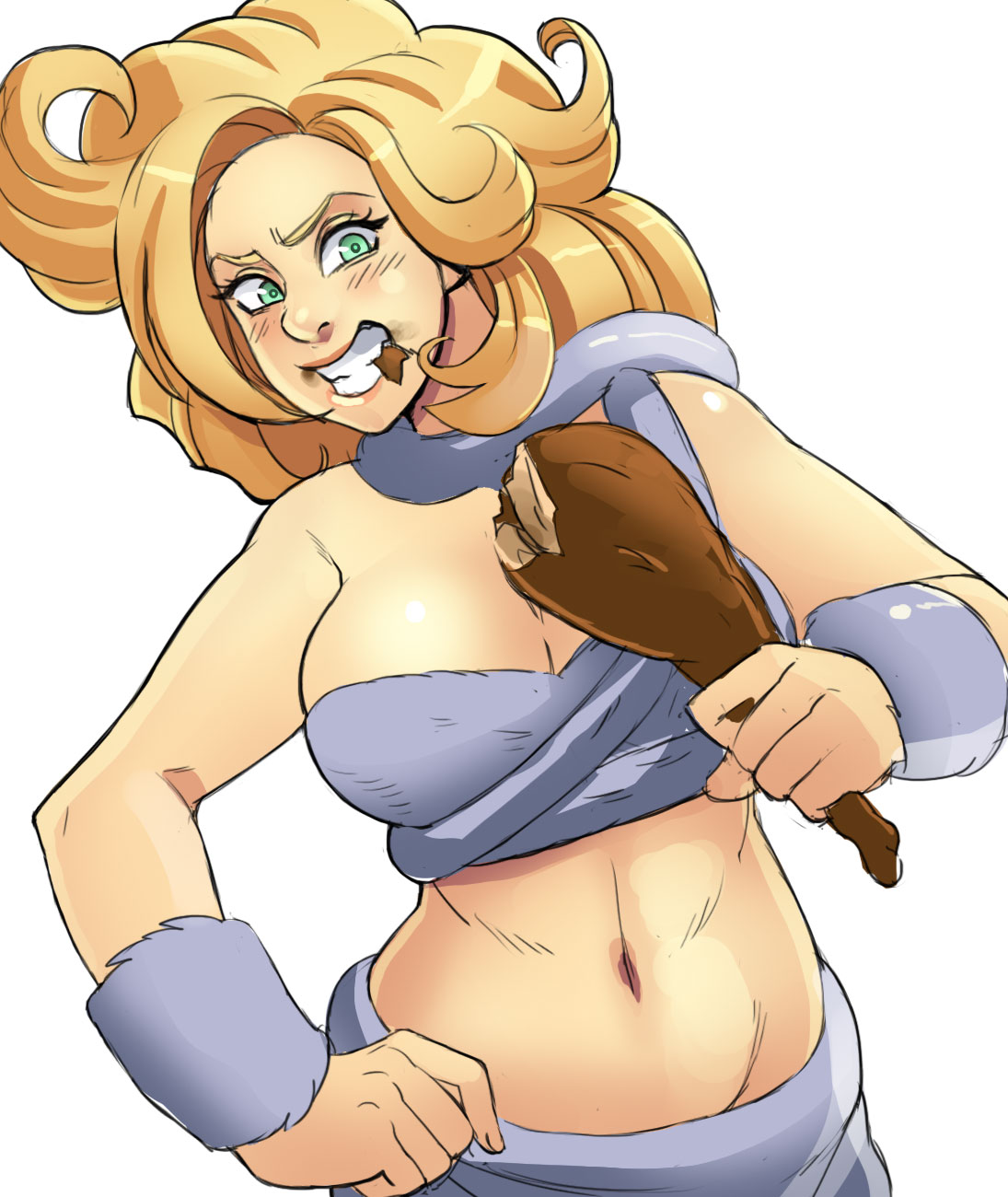 1girl ayla_(chrono_trigger) bare_shoulders blonde_hair boned_meat breasts chrono_trigger cleavage eating food green_eyes greenmarine grin hand_on_hip highres large_breasts long_hair meat midriff navel skirt smile solo strapless tail tail_wrap tribal tubetop