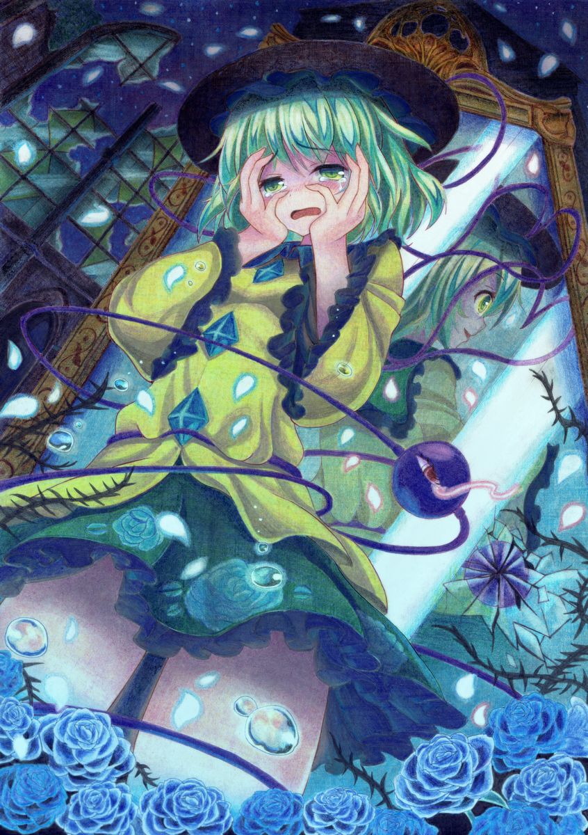 1girl blue_rose calligraphy_brush_(medium) crying different_reflection flower green_eyes green_hair hands_on_own_cheeks hands_on_own_face hat highres kittona komeiji_koishi long_sleeves millipen_(medium) mirror open_mouth petals reflection rose shirt skirt thighs third_eye touhou traditional_media watercolor_pencil_(medium) wide_sleeves