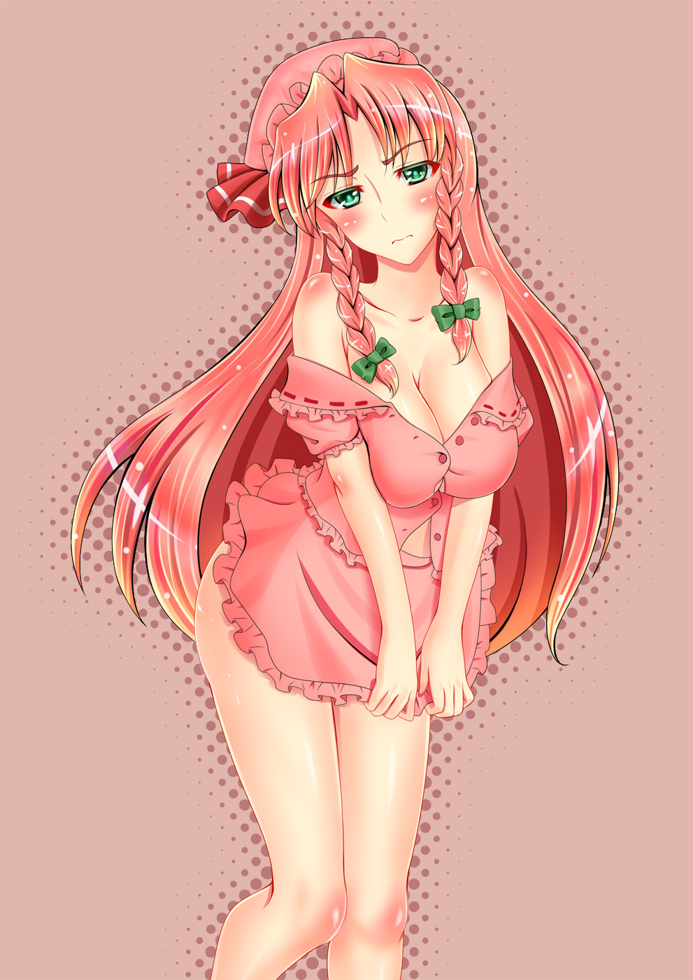 1girl ass blush bow braid breasts cleavage eburi_a embarrassed frilled_skirt frills green_eyes hair_bow hanging_breasts hat hat_bow head_tilt highres hong_meiling knees_together_feet_apart long_hair looking_at_viewer mob_cap pink_shirt pink_skirt redhead reflective_eyes remilia_scarlet remilia_scarlet_(cosplay) ribbon-trimmed_collar ribbon_trim shiny shiny_hair shiny_skin shirt short_sleeves skirt skirt_tug solo thighs touhou twin_braids unbuttoned unbuttoned_shirt undersized_clothes very_long_hair wavy_mouth