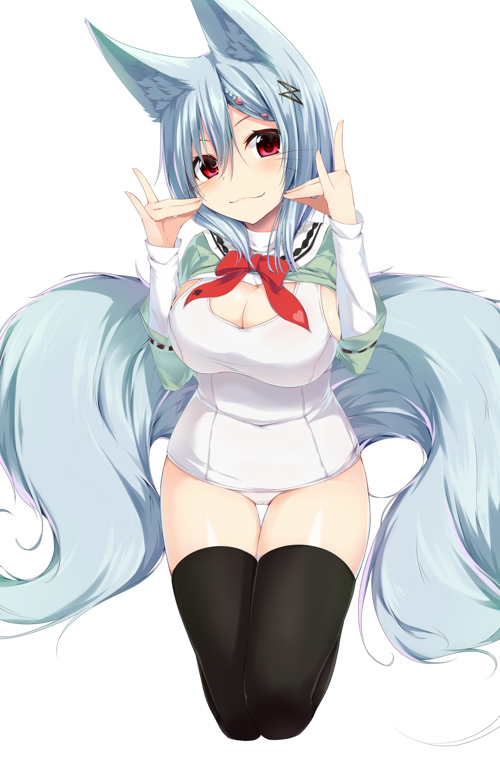 1girl :3 animal_ears black_legwear blue_hair bowtie breasts capelet fox_ears fox_tail hair_ornament hairclip hand_gesture heart_hair_ornament highres kisaragi_yuki_(sora_saki) kneeling long_sleeves looking_at_viewer original red_eyes school_swimsuit simple_background solo swimsuit tagme tail thigh-highs thigh_gap whiskers white_background white_school_swimsuit white_swimsuit