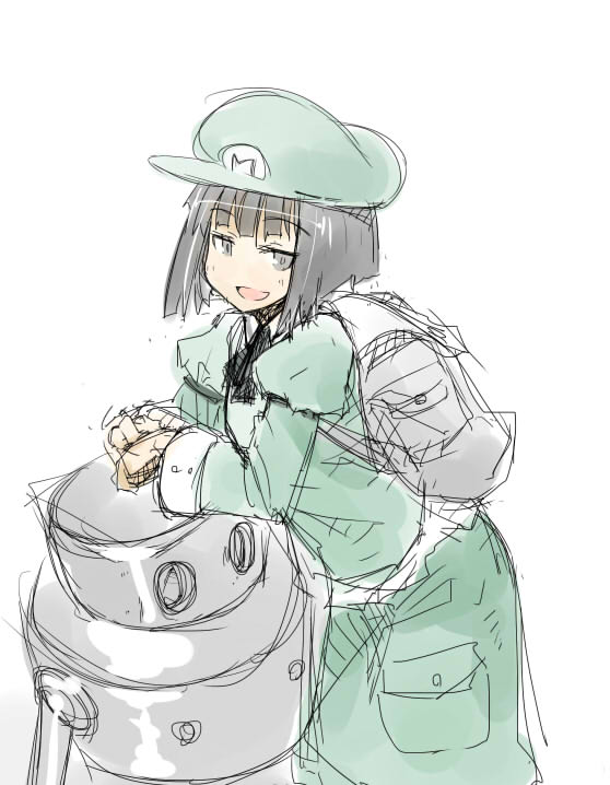 1girl backpack bag black_hair dark_haired_kappa extra hat kappa kappa_mob looking_at_viewer machine open_mouth roadksa robot simple_background solo tagme touhou white_background