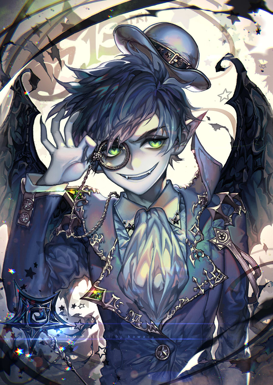 1boy animal anti-cosmo artist_name ascot belt black_cat black_wings blue_hair buttons cat chain collared_shirt copyright_name dated evil_smile fangs fingernails formal green_eyes grey_skin hat highres jacket kawacy long_fingernails looking_at_viewer male_focus mini_hat monocle pointy_ears sharp_fingernails shirt smile solo star teeth the_fairly_oddparents upper_body wand white_shirt wings