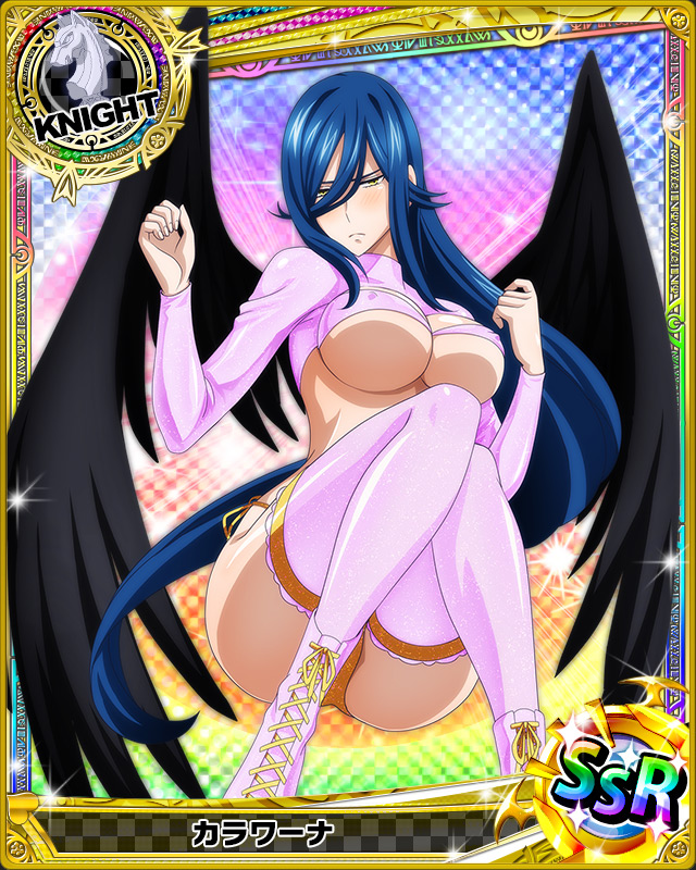 1girl artist_request black_wings blue_hair breasts card_(medium) character_name chess_piece covered_nipples high_school_dxd kalawarner knight_(chess) large_breasts long_hair official_art pink_legwear pink_swimsuit swimsuit thigh-highs trading_card very_long_hair wings yellow_eyes