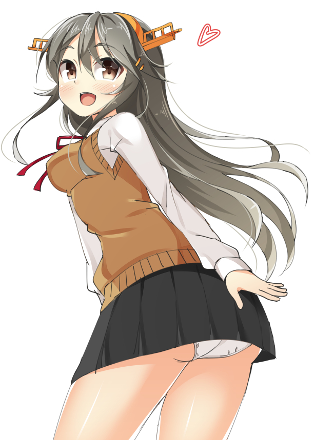 1girl :d alternate_costume black_hair blush brown_eyes cowboy_shot haruna_(kantai_collection) headgear heart kankitsunabe_(citrus) kantai_collection long_hair long_sleeves neck_ribbon open_mouth panties pantyshot pantyshot_(standing) pleated_skirt ribbon school_uniform skirt smile standing sweater_vest underwear white_background white_panties