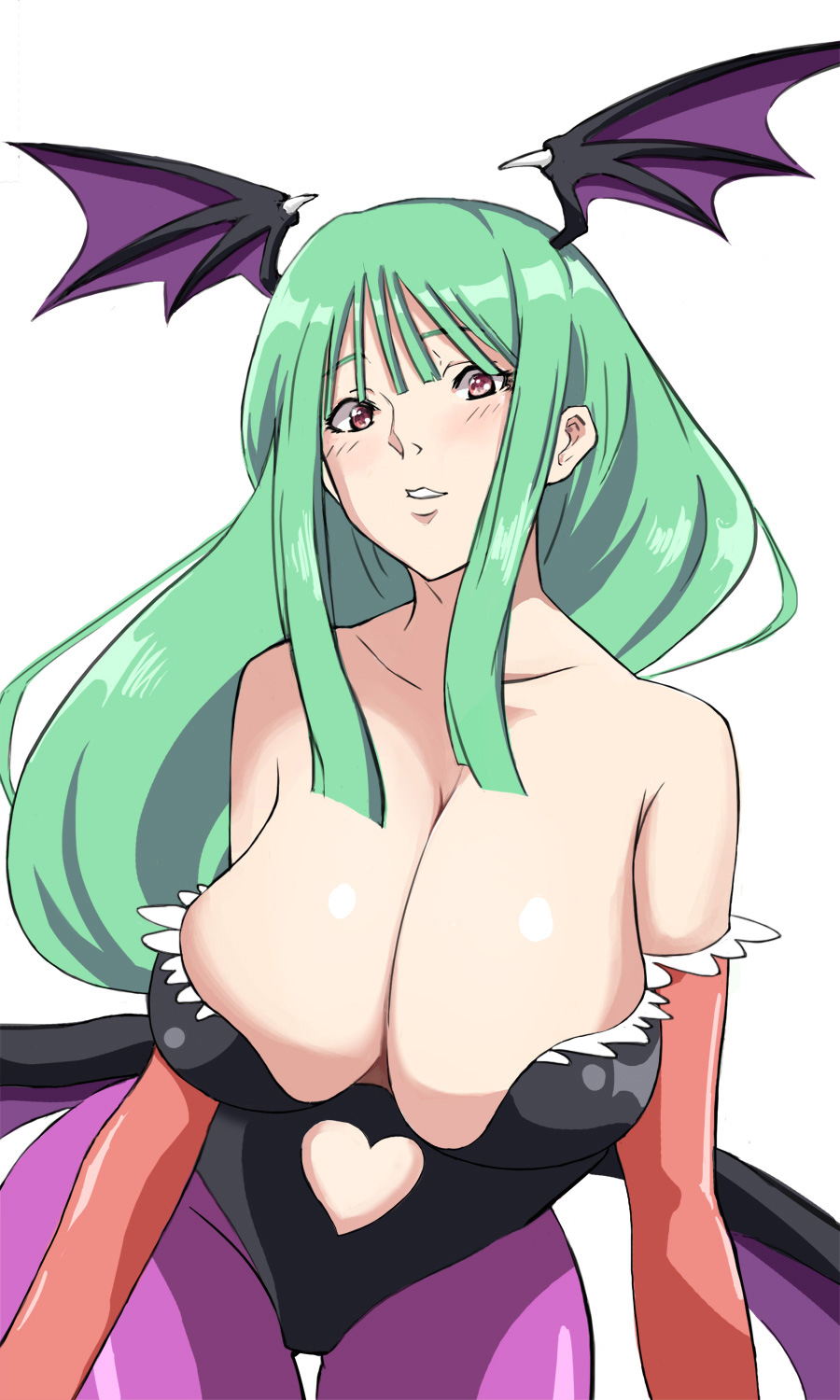 1girl aqua_hair breasts cleavage elbow_gloves gloves head_wings highres impossible_clothes large_breasts long_hair morrigan_aensland pale_skin pantyhose parted_lips red_eyes simple_background solo sugi_(goodcat) vampire_(game) wings