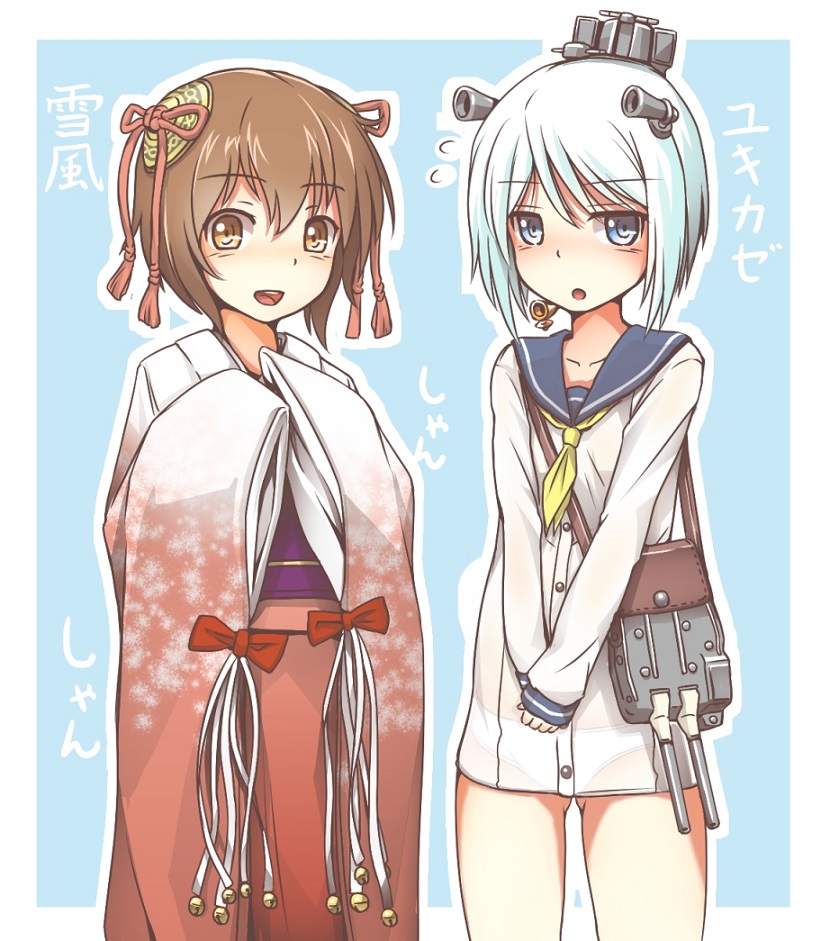 1girl 2girls aoki_hagane_no_arpeggio blue_eyes blue_hair brown_eyes brown_hair cosplay costume_switch headgear japanese_clothes kantai_collection kimono multiple_girls namesake oku_tamatarou open_mouth panties sailor_dress see-through short_hair standing underwear yukikaze_(aoki_hagane_no_arpeggio) yukikaze_(kantai_collection)