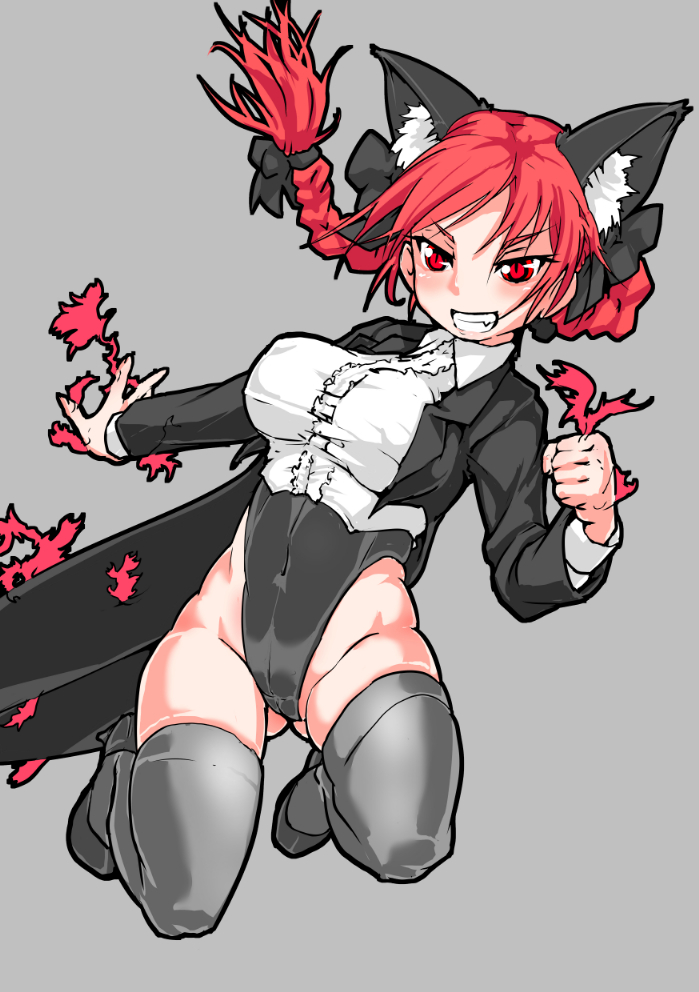 animal_ears braid breasts cat_ears coattails fire grin high_heels jumping kaenbyou_rin large_breasts leotard mersoleil03 red_eyes redhead slit_pupils smile thigh-highs touhou tuxedo_jacket twin_braids