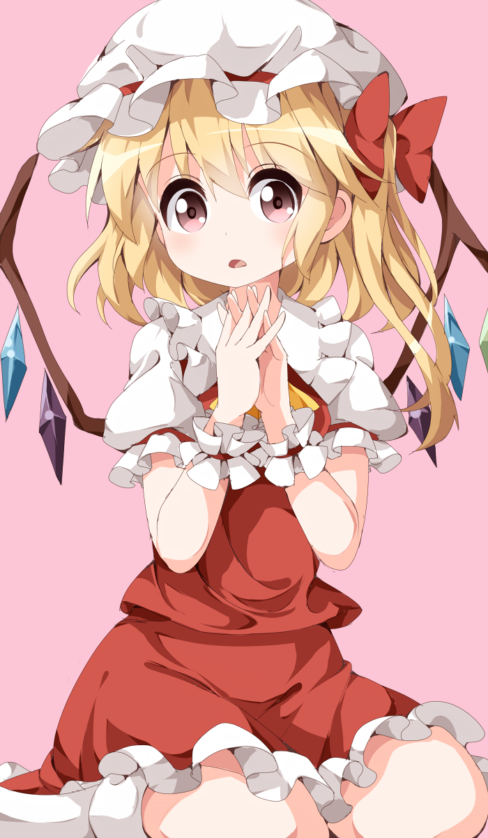 1girl ascot bat_wings blonde_hair blush bow flandre_scarlet frilled_skirt frilled_sleeves frills hat highres open_mouth pink_background puffy_short_sleeves puffy_sleeves red_eyes ribbon ruu_(tksymkw) short_hair short_sleeves side_ponytail simple_background skirt solo touhou wings wrist_cuffs