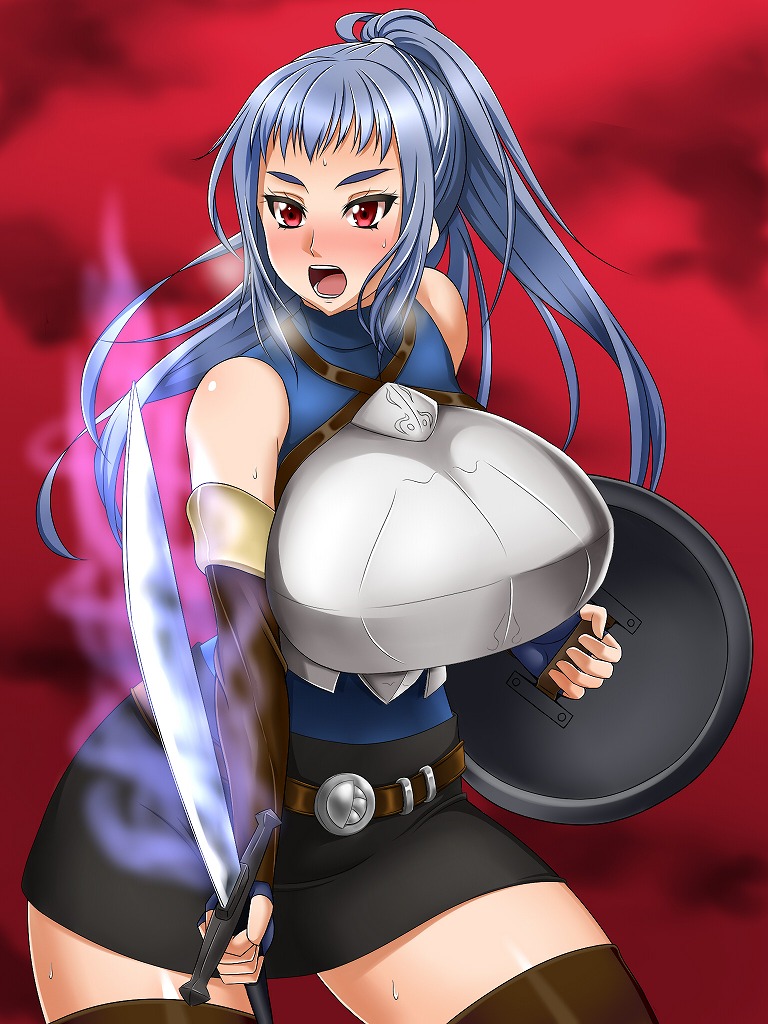 1girl armor blue_hair blush breasts large_breasts long_hair open_mouth original ponytail red_eyes shield solo sword weapon